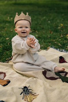 a baby wearing a crown sitting on top of a blanket in the middle of a field