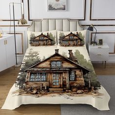 a bed with a painting of a cabin on the front and side of it in a bedroom