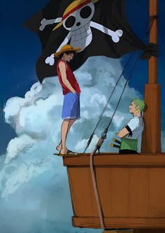 a pirate and a boy on a boat with a flag in the sky behind them