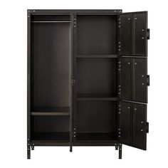 an open metal cabinet with doors and shelves