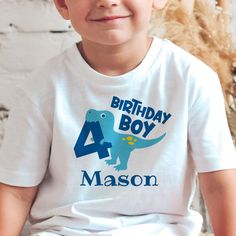 Celebrate your boy's 4th Birthday with this cute 4-rex dinosaur t-shirt! To change the name, click "Personalize" button and type a new name. To adjust size and position, click "Edit Using Desing Tool" button. Boy 4th Birthday, Birthday Dinosaur, Kids Birthday Shirts, Baby Cows, New Names, Dinosaur Birthday, Toddler Boy Outfits, 4th Birthday, Type A