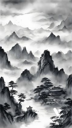 Chinese Art Black And White, Japanese Ink Painting Landscape, Japanese Painting Landscape, Japanese Mountain Art, Chinese Painting Tattoo, Japanese Art Samurai, Japanese Mountains, Ear Tattoo Ideas, Ear Tattoos