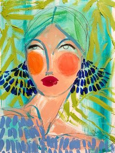 a painting of a woman with green hair and orange nose ring in front of blue background