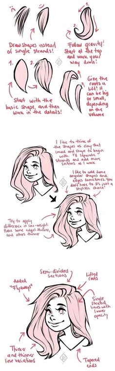 how to draw hair for girls with different angles and shapes, from the side view