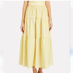 Staud Sea Striped Tiered Poplin Midi Skirt In Yellow And White -Yellow And White Stripes -Woman's Size 12 -Side Zipper With Clasp -Tiered -Approximate Measurements Waist Lying Flat 16", Length 38" -Preloved. Good Condition. White Striped Skirt, Striped Skirt, Midi Skirts, Shades Of Yellow, Women Skirts Midi, Fashion House, Yellow White, White Color, White Stripe