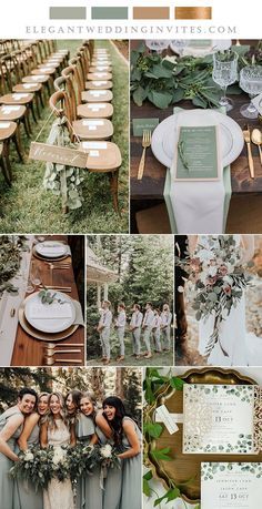 a collage of photos with green and white wedding colors