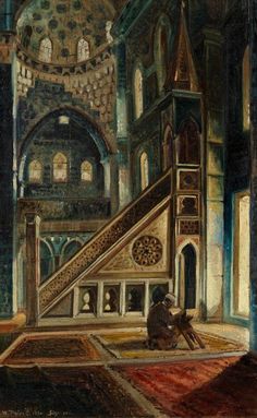 a painting of a man sitting on top of a rug next to a stair case