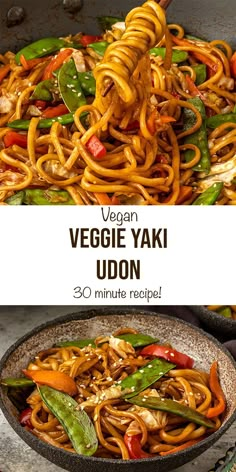 vegan veggie yaki udon in a skillet with the title overlay