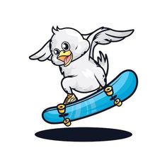 a white bird is riding on top of a blue skateboard with its wings spread