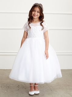 Adorable Flower Girl Communion Tea Length Dress With Floral Lace Bodice Kids Flower Girl Dresses, Girls Communion Dresses, Girls Ball Gown, Tea Length Skirt, Floral Lace Shorts, First Communion Dress, White Flower Girl Dresses, First Communion Dresses, Girls Pageant Dresses