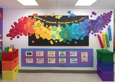 the colorful classroom is decorated with bright colors