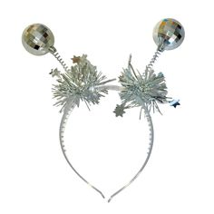 Funky Disco Ball Headband. Awesome Hair Accessory For Halloween Costumes, Raves, Music Festivals, 70’s Theme Party, Or Nye New Year’s Eve Party. You’ll Receive A Ton Of Compliments! Design & Material: Two Shiny And Reflective Plastic Silver Mirror Balls Attached To Metal Springs Silver Plastic Tinsel Star Pom-Poms Non-Slip Clear Plastic Headband Super Lightweight Minimal And Neutral Style No Branding Dimensions: Unisex Adults One Size Fits Most Head Types Length: 5.5” (14cm) Width: 4.7” (12cm) B 70’s Theme Party, Head Types, Plastic Headband, Awesome Hair, Neutral Style, Mirror Ball, Metal Spring, Silver Mirror, New Year’s Eve