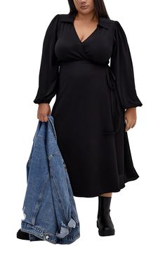 Keep your everyday look on point with this flowy wrap dress that's a versatile option for any occasion. True wrap style with side tie closure Spread collar Surplice V-neck Long sleeves with elastic cuffs Unlined 96% polyester, 4% elastane Machine wash, line dry Imported Black Wrap Dress With Surplice Neckline And Faux Wrap, Chic Black Faux Wrap Dress, Black Wrap Dress For Date Night, Spring Long Sleeve Faux Wrap Midi Dress, Long Sleeve Faux Wrap Midi Dress For Spring, Solid Color V-neck Wrap Dress For Fall, Black Faux Wrap Dress For Spring, Solid Color Spring Wrap Dress, Black Wrap Dress With Tie Waist For Date Night