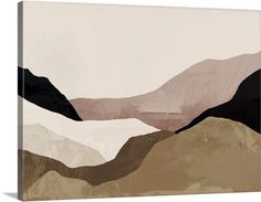 an abstract painting with mountains and hills in beige, brown, black and white colors