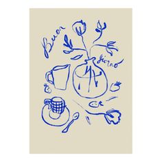 blue ink drawing of flowers and kitchen utensils