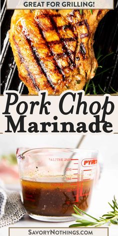 pork chop marinade on the grill with text overlay