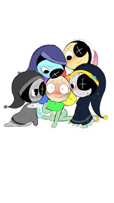 some cartoon characters hugging each other with their eyes closed and one is wearing black, the other