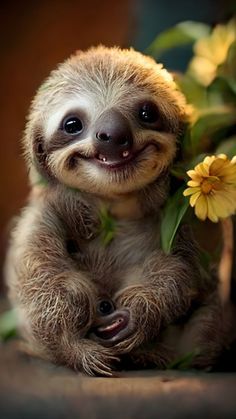 a baby sloth sitting on its hind legs next to a plant with yellow flowers