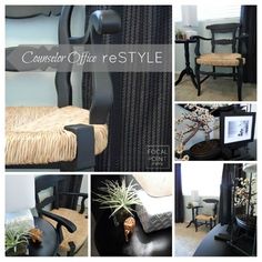 a collage of photos showing different types of chairs and tables in various rooms, with the words windsor office restyle above them