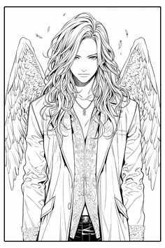 an adult male with long hair and angel wings on his jacket, standing in front of a