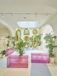 an indoor area with pink and green planters