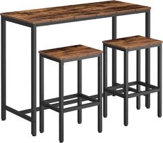 three stools and a table are shown in this image with the same wood top