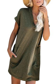 BestDealFriday Green Came To Play Cotton Blend Pocketed T Shirt Dress P1482213, Green-(US 16-18)XL V Neck Summer Dress, T Shirt Dresses, Women's Cover Ups, Polyester Shirt, Mens Fashion Casual Outfits, Women's Cover Up, Dresses Pink, Shirt Dresses, Loungewear Sets