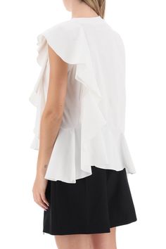 This lightweight cotton jersey top from Alexander McQueen offers an asymmetric appearance emphasized by tonal poplin ruffles. Cut to a boxy silhouette, it features one short sleeve and a crew neck. Ribbed trims, embroidered logo lettering at the upper back. The model is 177 cm tall and wears a size IT 38. Latest Fashion Design, Heron Preston, Jersey Top, Top Sales, Roberto Cavalli, Victoria Beckham, Free Shopping, Jimmy Choo, Accessories Design