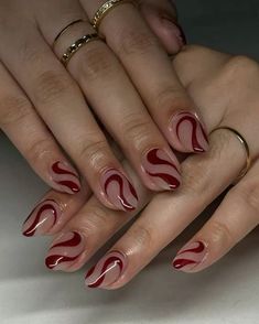 Wavy Gel Nail Design, Simple Red Nail Designs, Simple Red Nails, Wavy Nail Art, Nail Inspo Simple, Hippie Nails, Vintage Nails, Getting A Massage