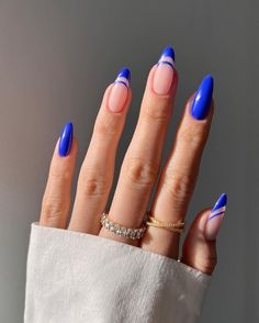 Blue French Tip Nails, Royal Blue Nails Designs, Blue Prom Nails, Blue French Tip, Orange Nail Art, Royal Blue Nails, Cute Summer Nail Designs, Blue French Tips, French Tip Nail Designs