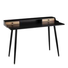 a black desk with two drawers and gold trimmings on the bottom shelf, against a white background