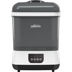 the dr brown's coffee maker is shown in grey and white with black trim