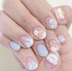 Cloudy Nails, Korea Nail Art, Nail Art Cute, Korea Nail, Bunny Nails, Hello Nails, Anime Nails, Beauty Nails Design, Nail Box