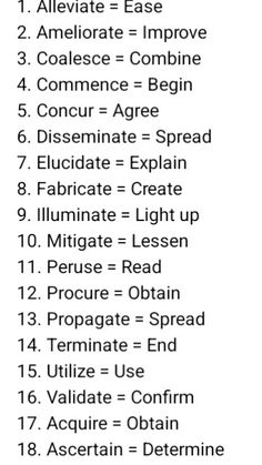 Advanced vs Basic English
1. Alleviate = Ease
2. Ameliorate = Improve
3. Coalesce = Combine
4. Commence = Begin
5. Concur = Agree
6. Disseminate = Spread
7. Elucidate = Explain
8. Fabricate = Create
9. Illuminate = Light up
10. Mitigate = Lessen
11. Peruse = Read
12. Procure = Obtain
13. Propagate = Spread
14. Terminate = End
15. Utilize = Use
16. Validate = Confirm
17. Acquire = Obtain
18. Ascertain = Determine
19. Convey = Communicate
20. Deplete = Exhaust
English Advanced Words In English, English Advanced Vocabulary, Writing Expressions, Root Of All Evil, Basic Vocabulary, Advanced Vocabulary, English Word Book, Improve Vocabulary, Advanced English Vocabulary