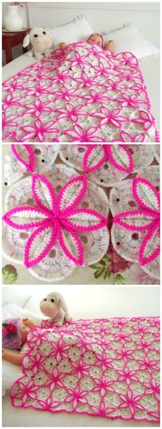 crocheted bedspread with pink and white flowers on the top, and bottom