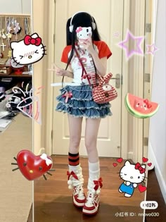 Hello Kitty Inspo Outfit, Kawaii Halloween Outfit, Decora Aesthetic Outfits, Hello Kitty Y2k Outfit, Sanrio Outfit Ideas, Hello Kitty Aesthetic Outfit, Hello Kitty Inspired Outfits, Hello Kitty Outfit Ideas, Kawaii Summer Outfits