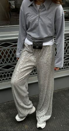 Shiny Trousers Outfit, Shiny Skirt Outfit, Shiny Pants Outfit, Glitter Pants Outfit, Sequin Pants Outfit, Silver Pants Outfit, Sequins Pants Outfit, Glitter Pants, Sparkle Outfit