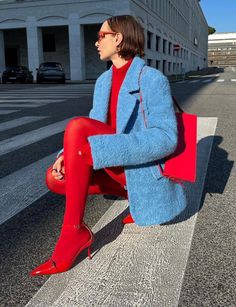 Powder Blue And Red Outfit, Socks With Shoes Outfit, Blue Tights Aesthetic, Red Winter Outfits Aesthetic, Red Flats Outfit Ideas, Red Thighs Outfit, Red Belt Outfit Ideas, Xmas Outfits Women Casual