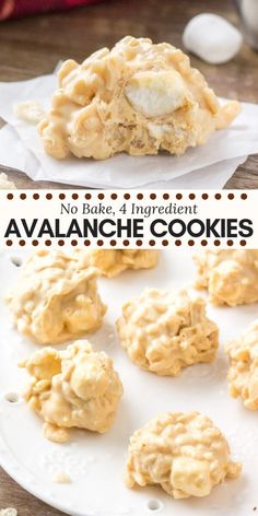 no bake, 4 ingredient avalanche cookies on a white plate with text overlay