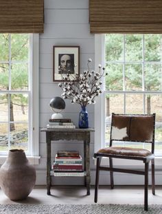 a room with two chairs, a table and some pictures on the wall behind them