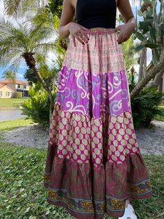 Womens Light Purple Floral Beach Maxi Skirt Patchwork Boho Skirts S/M Pink Bohemian Maxi Length Bottoms, Pink Bohemian Maxi Bottoms, Bohemian Pink Maxi Bottoms, Bohemian Patchwork Skirt For Vacation, Beach Long Skirt With Patchwork, Long Beach Skirt With Patchwork, Beach Patchwork Maxi Skirt, Multicolor Relaxed Hippie Maxi Skirt, Long Patchwork Skirt For Beach