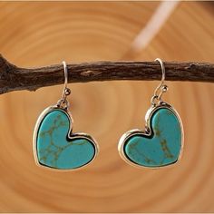 Nip Heart Shaped Turquoise Inlaid Dangle Earrings. Gold Plated Back And Ear Wires. So Cute Blue Bohemian Heart Earrings For Gift, Blue Bohemian Heart Earrings As Gift, Bohemian Blue Heart Earrings For Gifts, Bohemian Blue Heart Earrings As Gift, Elegant Turquoise Heart Earrings, Valentine's Day Blue Heart Earrings, Blue Heart Earrings For Gift, Turquoise Heart Drop Earrings As Gift, Blue Heart-shaped Earrings With Ear Wire