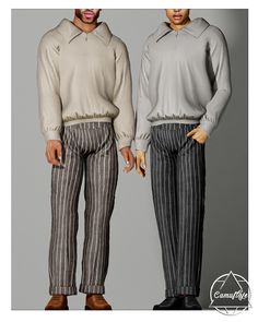 two men standing next to each other wearing pants