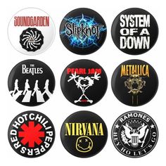 six buttons with different logos on them, including one that says system of a down