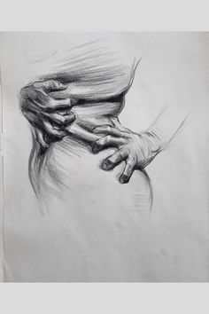 a pencil drawing of two hands holding each other's arm, with one hand on the