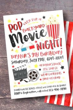 a movie night birthday party with popcorn, striped paper bags and red and white stripes