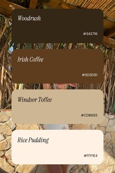 the color scheme is brown, green, and white with text that reads woodrush irish coffee windsor toffe rice pudding