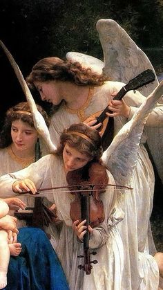 an angel playing the violin in front of other angels with their backs turned to one another