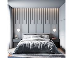 a modern bedroom with grey walls and bed