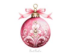 a pink christmas ornament with a bow on top